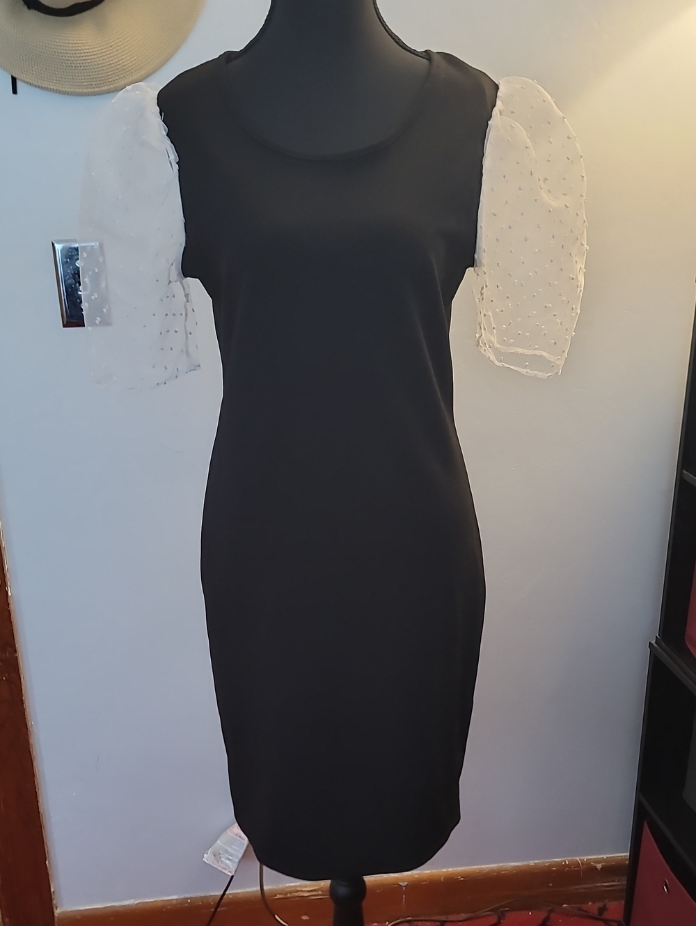 French Atmosphere Black Midi Dress with Sheer White Puff Sleeves  Size small